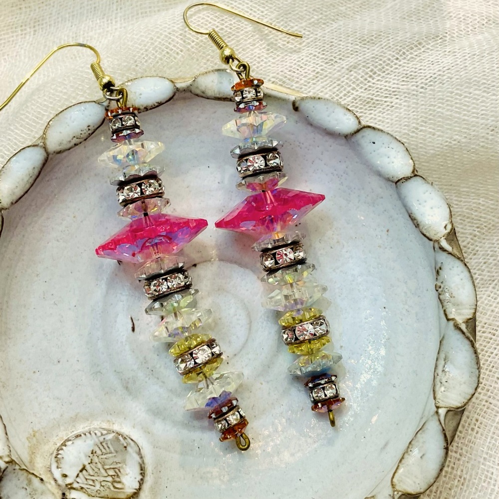 Two and three-quarter inch crystal earrings.
